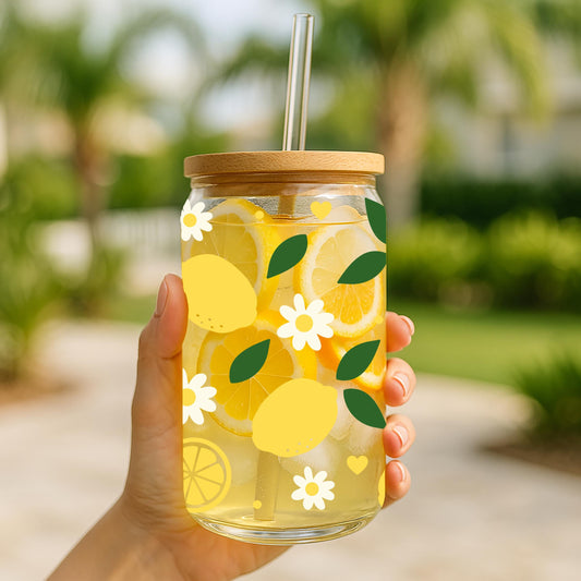 Lemon And Daisy Pattern Summer Drinks Glass Cup, Vibrant Color Lemonade Cup