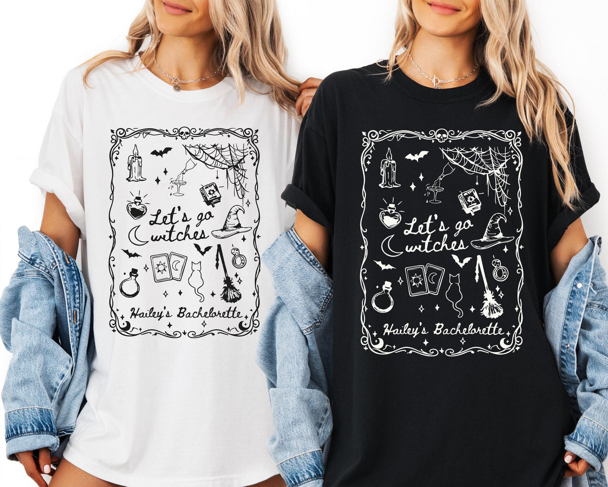 Comfort Colors® Let's Go Witches Bachelorette T-Shirt, Custom Witchy Bride Shirt, Bride Team Tees