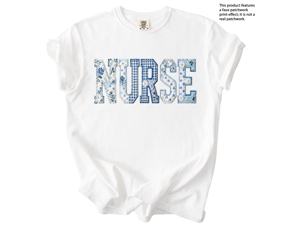 Blue Floral Faux Patchwork Nurse Shirt