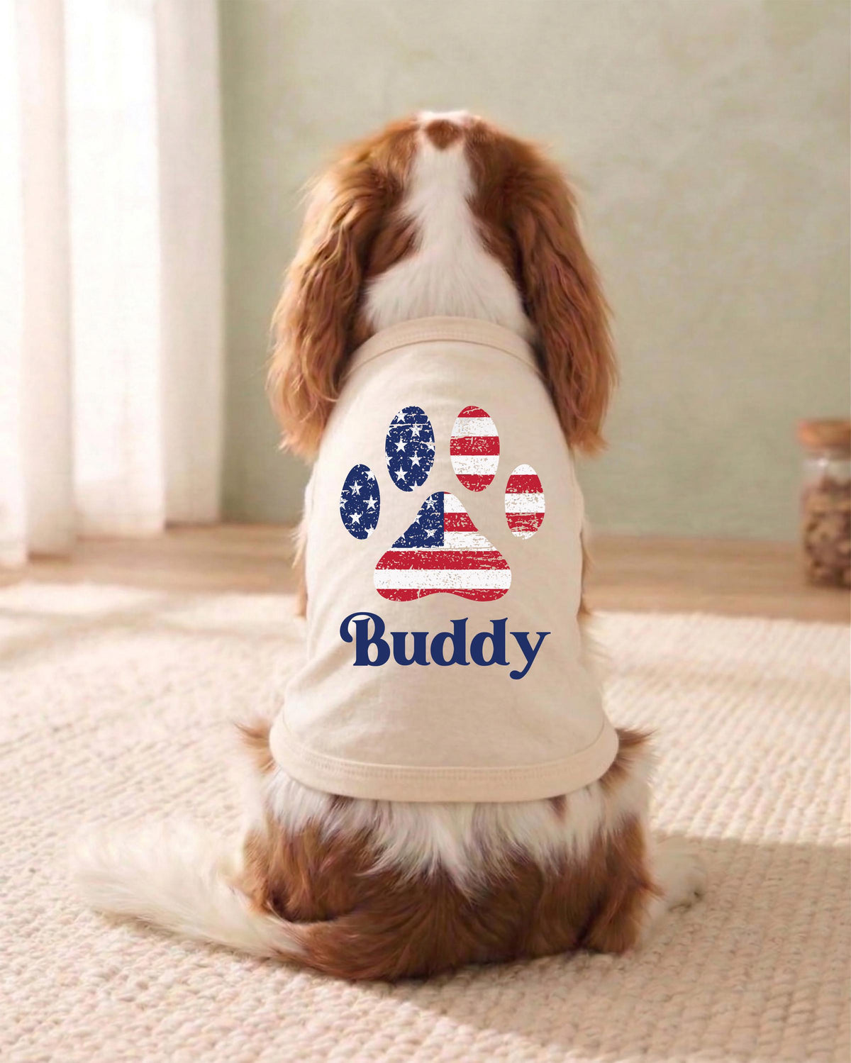 Custom American Flag Dog Tank Top, Red White and Blue Dog Outfit, Personalized Fourth of July Pet Clothes, USA Flag Paw Print Shirt