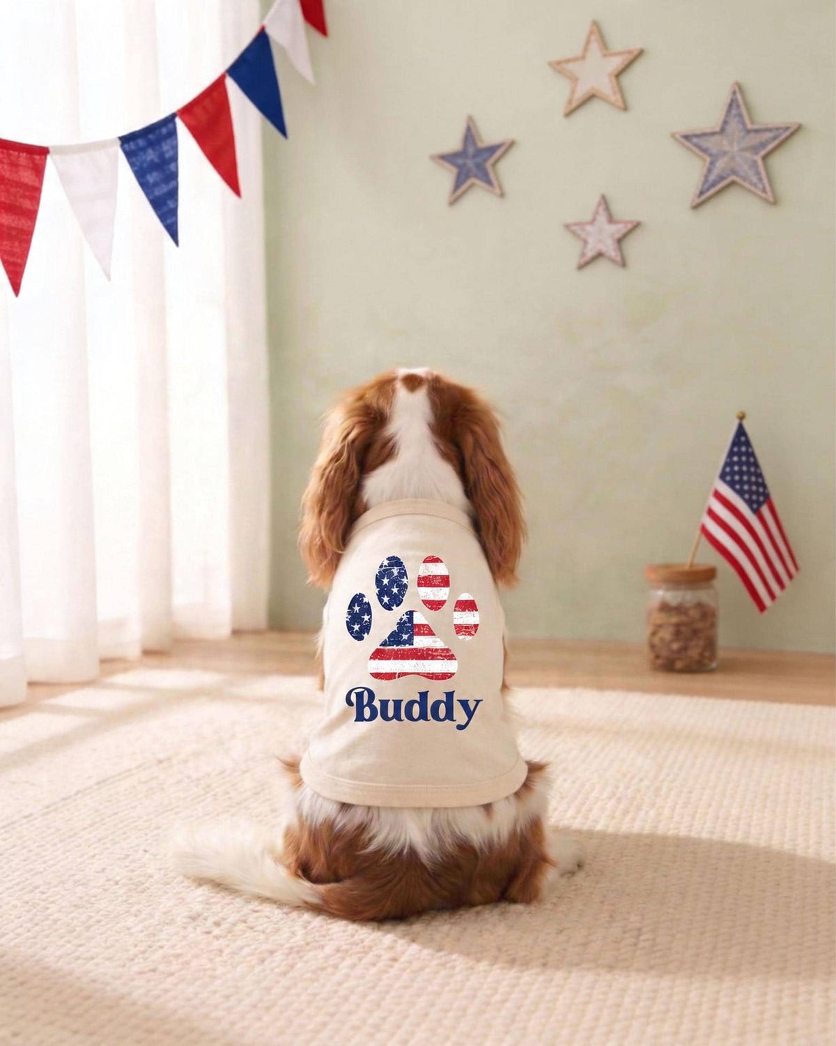 Custom American Flag Dog Tank Top, Red White and Blue Dog Outfit, Personalized Fourth of July Pet Clothes, USA Flag Paw Print Shirt