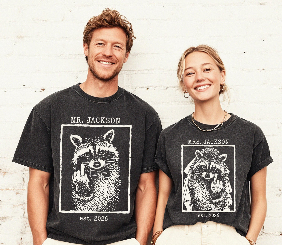Comfort Colors® Personalized Bride Groom T-Shirt, Mr and Mrs Raccoon Tee, Bachelorette Party Gift