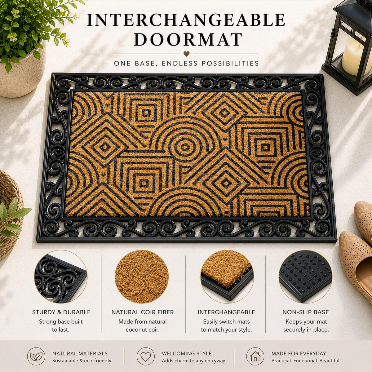 Art Deco Line Art Interchangeable Doormat, Modern Geometric Pattern Welcome Mat
