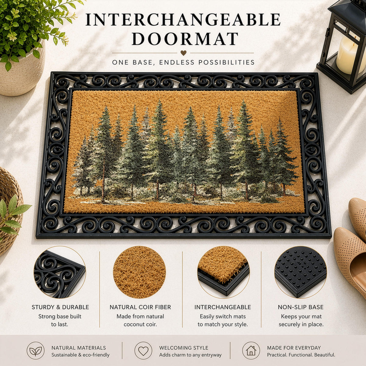 Woodland Landscape Interchangeable Doormat, Pine Tree Forest Welcome Mat