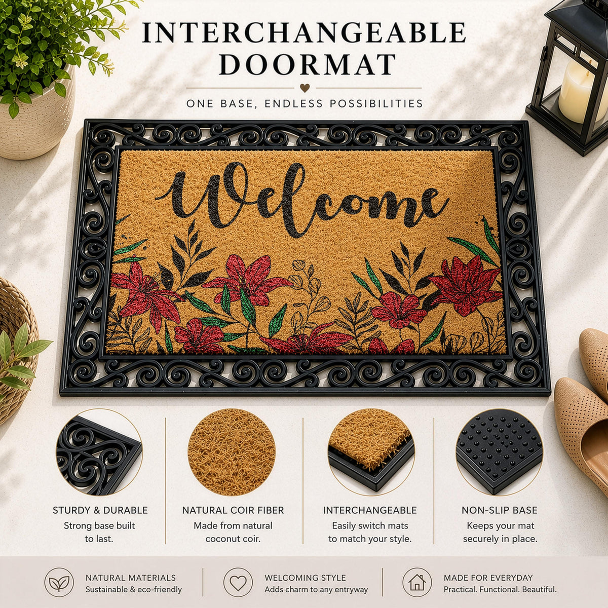 Aesthetic Red Lilies Doormat, Botanical Floral Interchangeable Welcome Mat