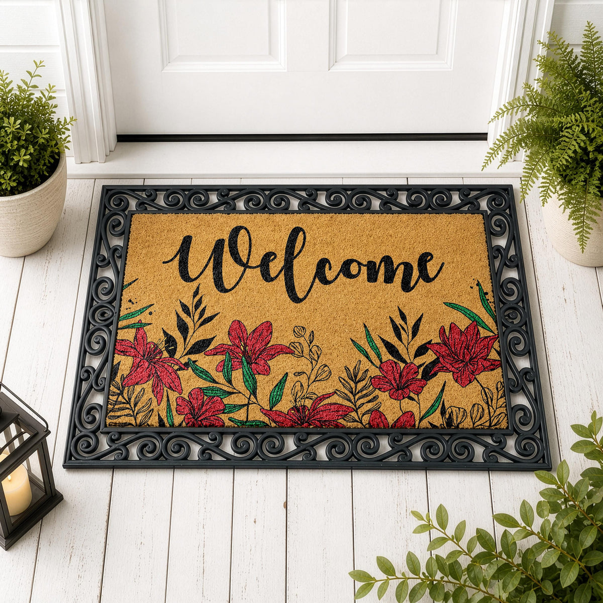 Aesthetic Red Lilies Doormat, Botanical Floral Interchangeable Welcome Mat