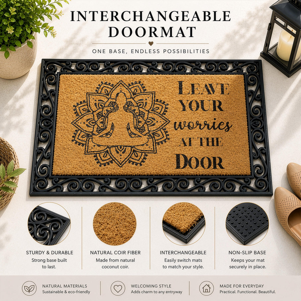 Leave Your Worries at the Door Welcome Mat, Interchangeable Zen Theme Doormat