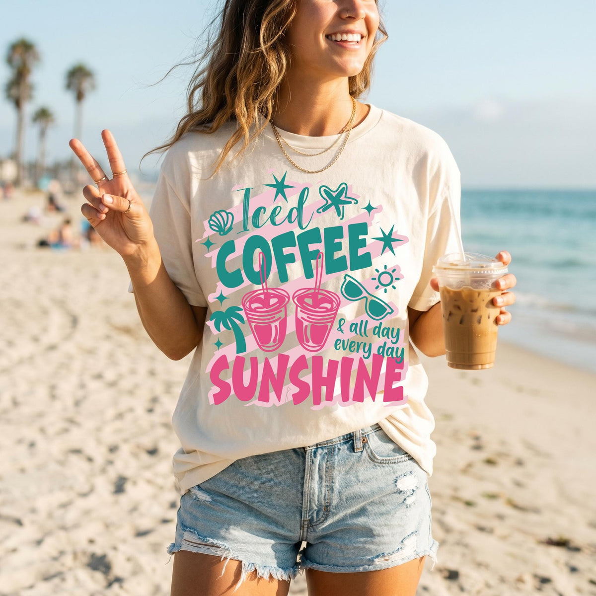 Comfort Colors® Iced Coffee and Sunshine Shirt, Beach Vacation T-Shirt, Summer Holiday Tee