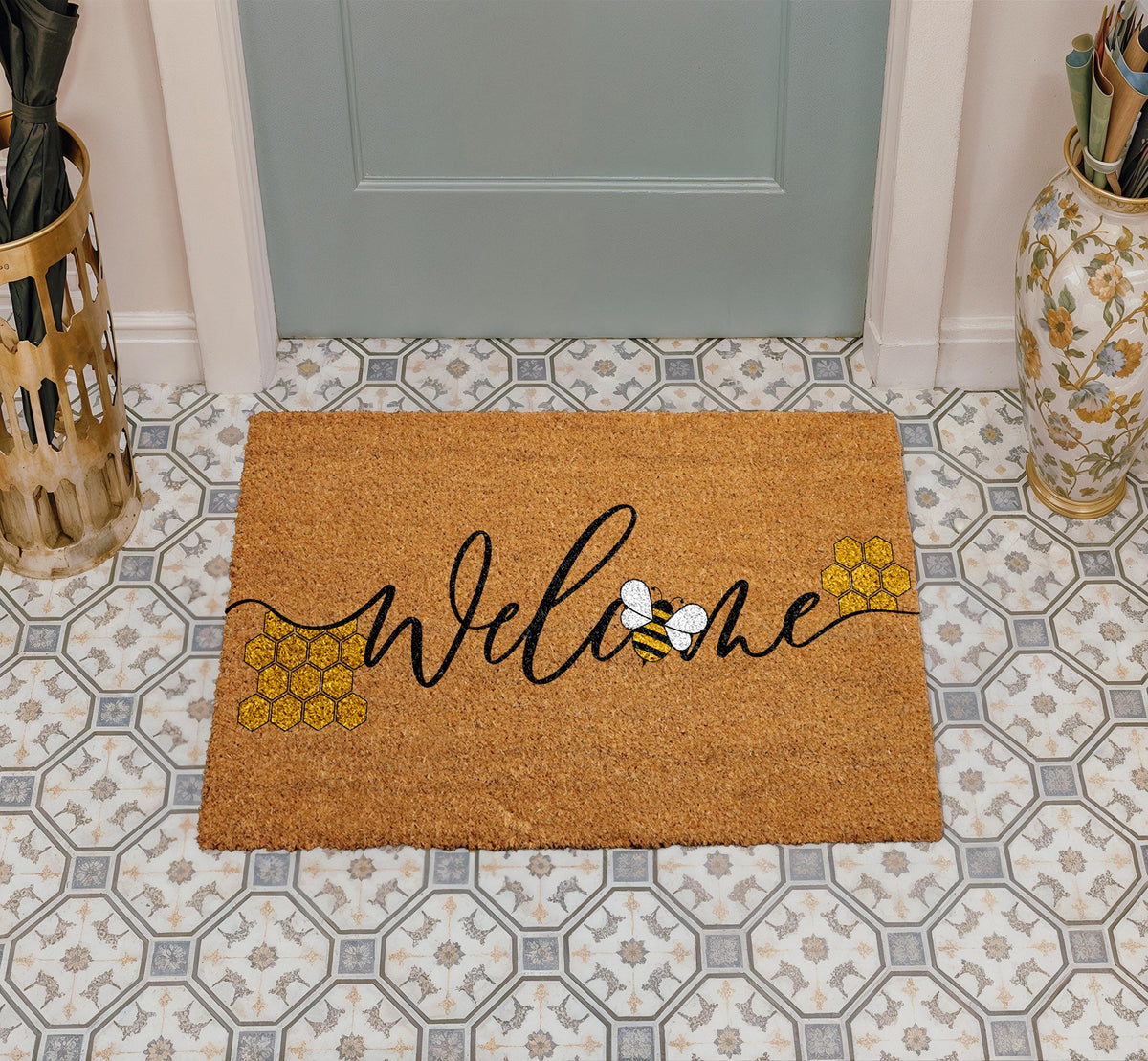 Welcome Bee Doormat, Bee Happy Welcome Mat, Bumblebee Front Porch Coir Rug