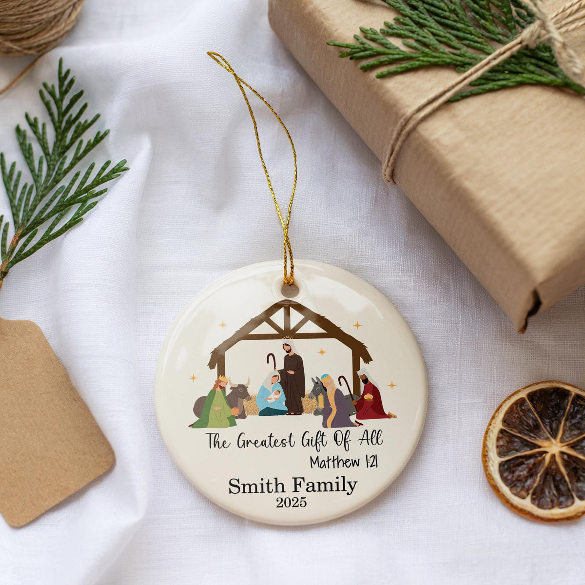 Greatest Gift of All Keepsake, Nativity Scene Christmas Ornament, Custom Family Name Keepsake