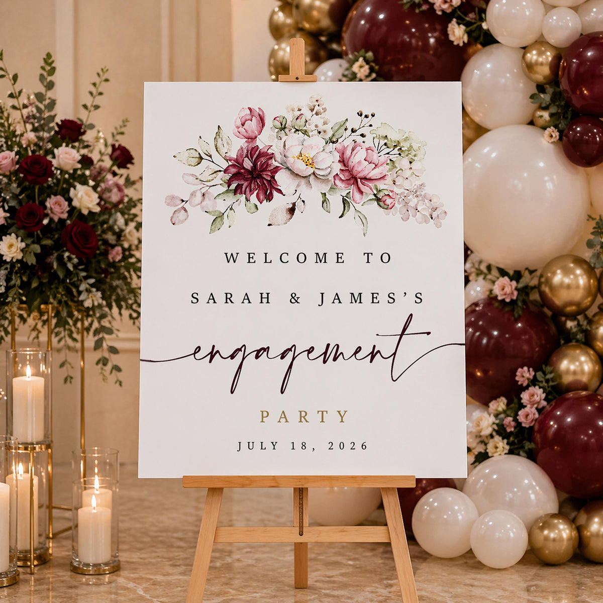 Custom Botanical Engagement Welcome Sign, Personalized Wedding Foam Board, Event Decor