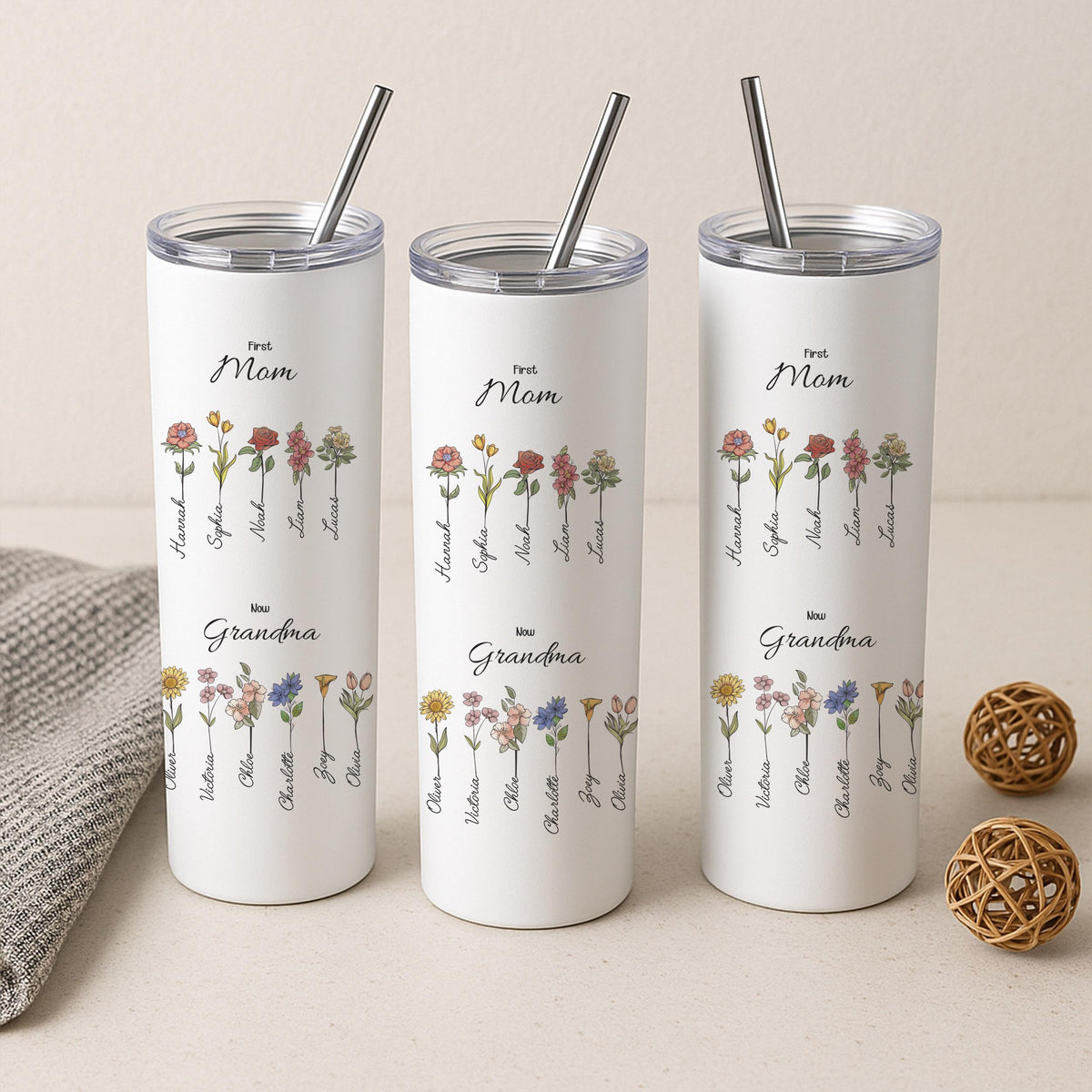 Personalized Birth Flower Grandma Tumbler, Custom Floral Names Travel Mug
