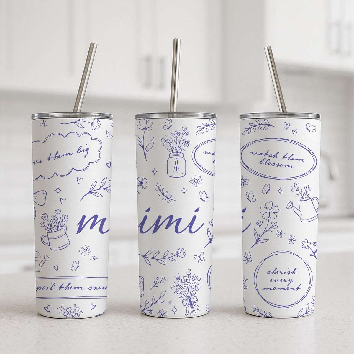 Mimi Floral Stainless Steel Tumbler, Insulated Travel Mug with Straw