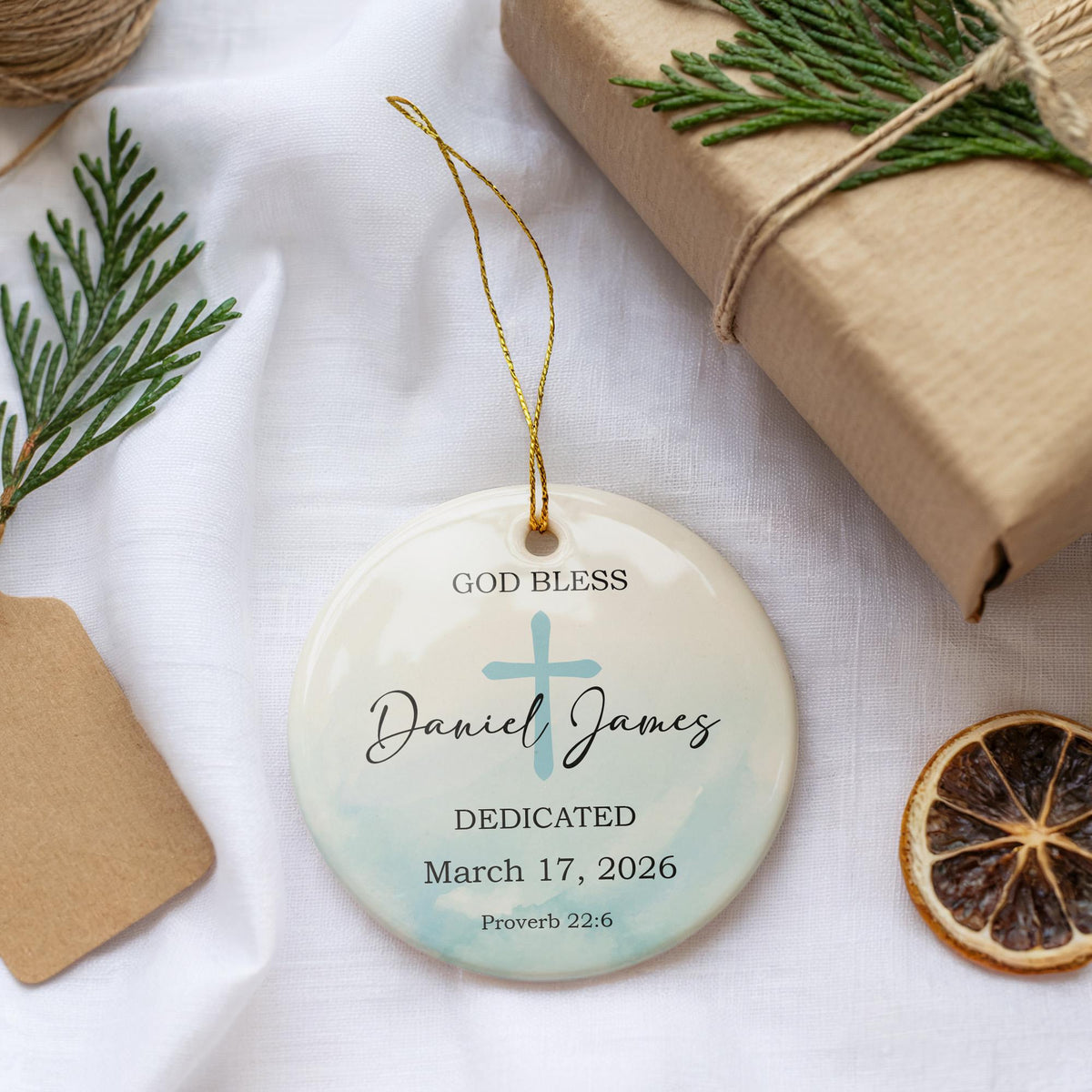 Custom Boy's Dedication Ornament, Religious God Bless Ceramic Ornament