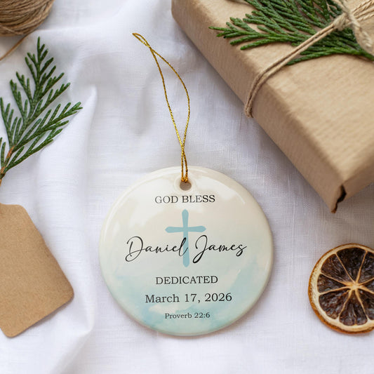 Custom Boy's Dedication Ornament, Religious God Bless Ceramic Ornament