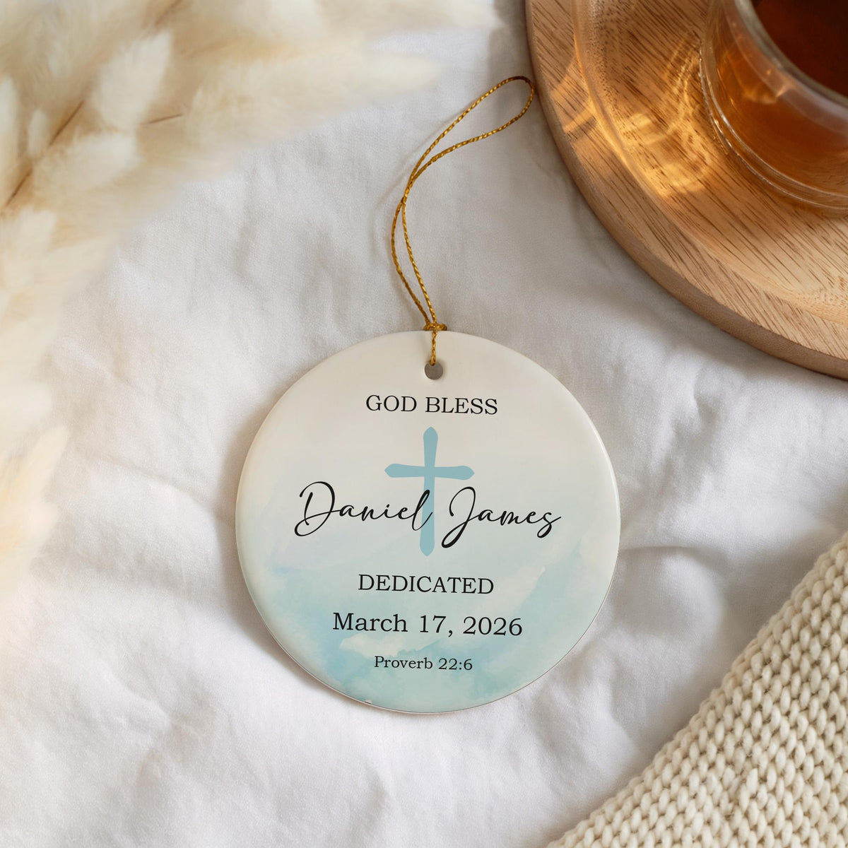 Custom Boy's Dedication Ornament, Religious God Bless Ceramic Ornament