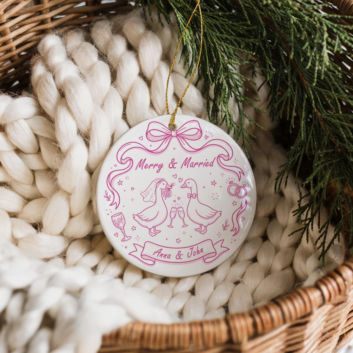 Custom Merry And Married Ornament, Wedding Date Anniversary Keepsake, Couple Goose Ornament