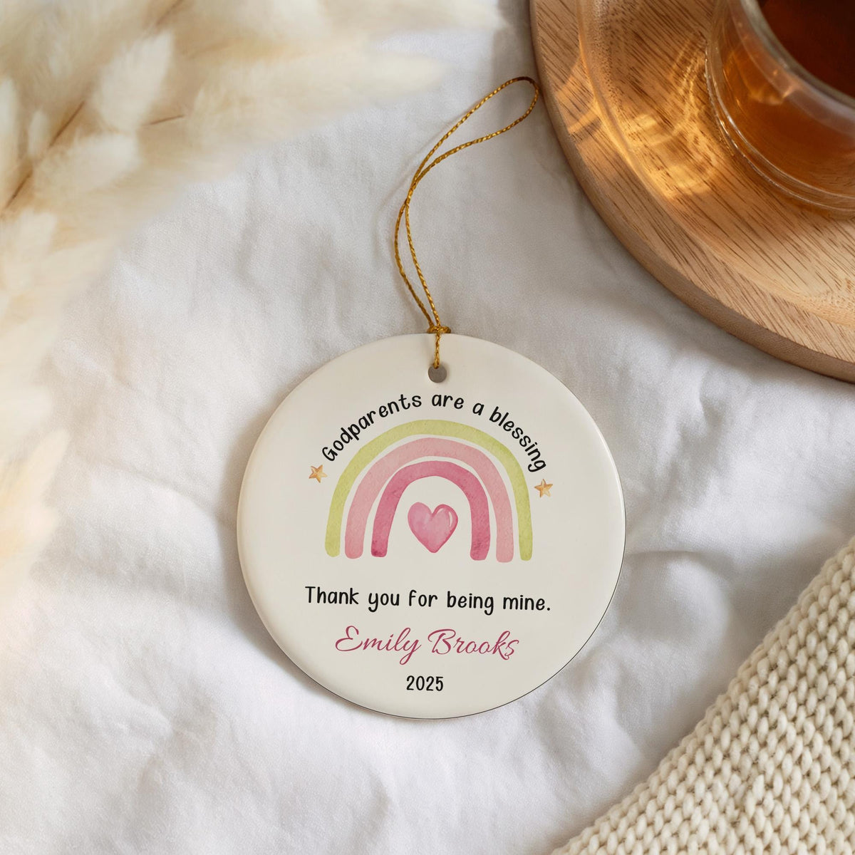 Custom Godparents Are a Blessing Ornament, Godparents Rainbow Ceramic Ornament