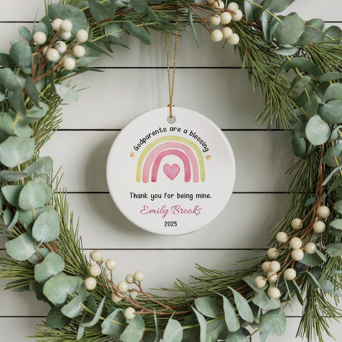 Custom Godparents Are a Blessing Ornament, Godparents Rainbow Ceramic Ornament