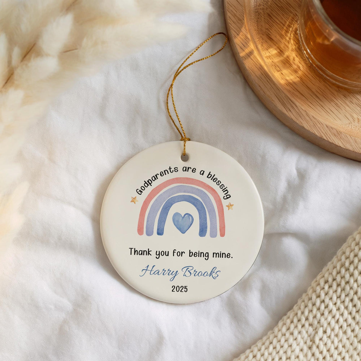 Custom Godparents Are a Blessing Ornament, Godparents Rainbow Ceramic Ornament