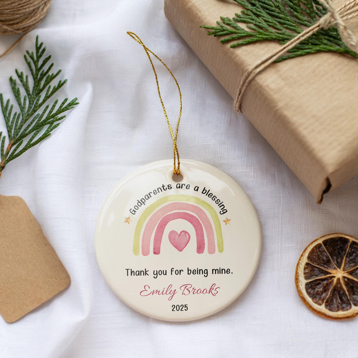 Custom Godparents Are a Blessing Ornament, Godparents Rainbow Ceramic Ornament