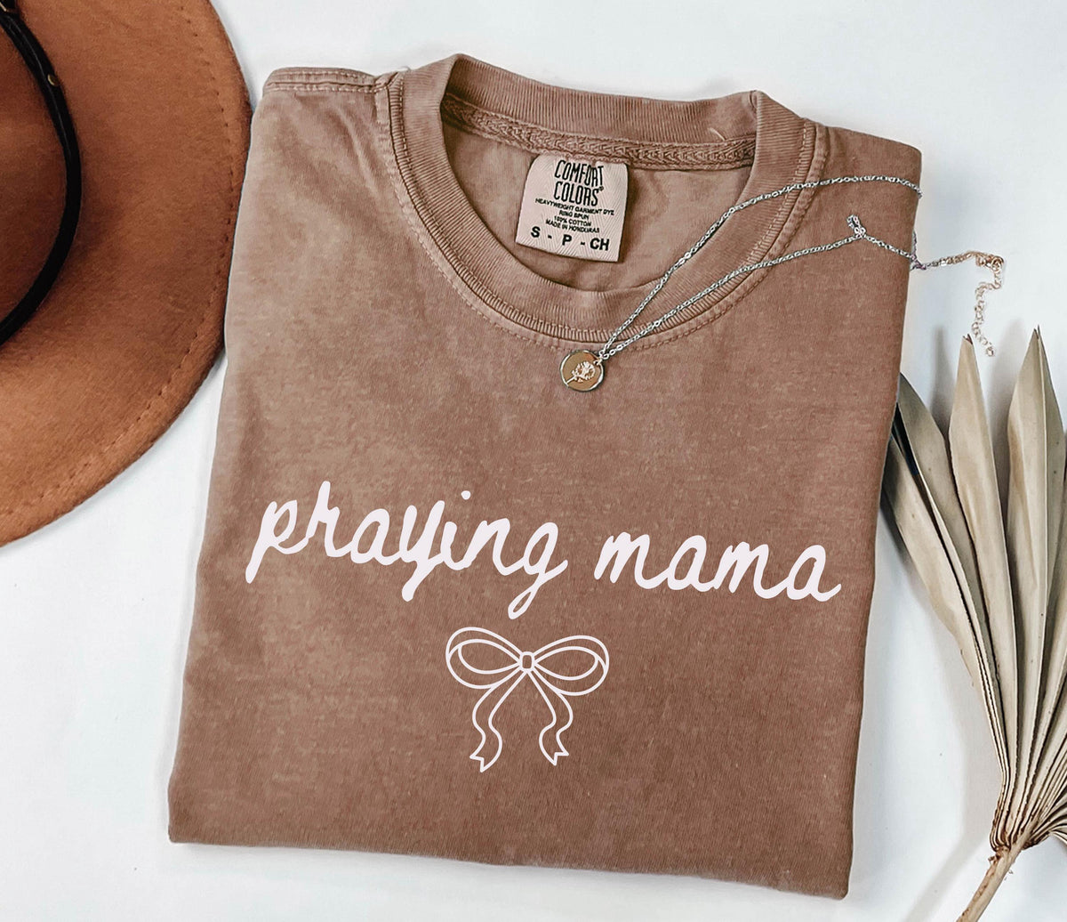 Praying Mama Shirt, Comfort Colors® Christian Mom Tee, Religious Mama Gift, Coquette Bow Faith Tees