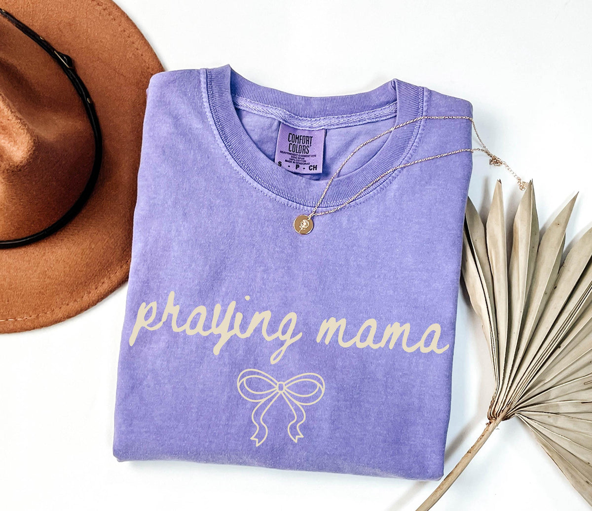 Praying Mama Shirt, Comfort Colors® Christian Mom Tee, Religious Mama Gift, Coquette Bow Faith Tees