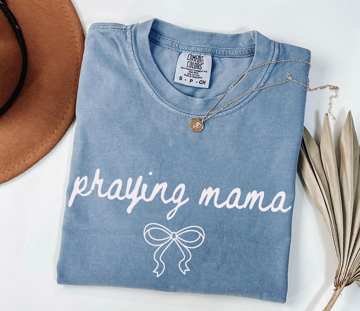 Praying Mama Shirt, Comfort Colors® Christian Mom Tee, Religious Mama Gift, Coquette Bow Faith Tees