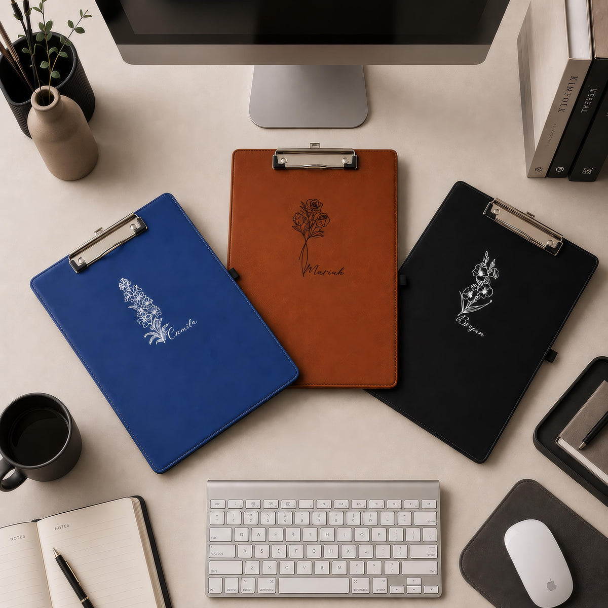 Custom Engraved Vegan Leather Clipboard, Birth Flower Design