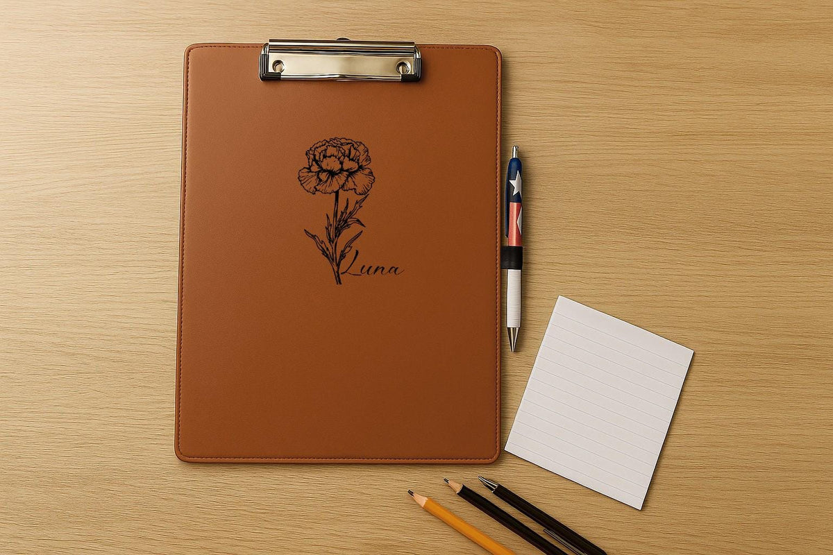 Custom Engraved Vegan Leather Clipboard, Birth Flower Design