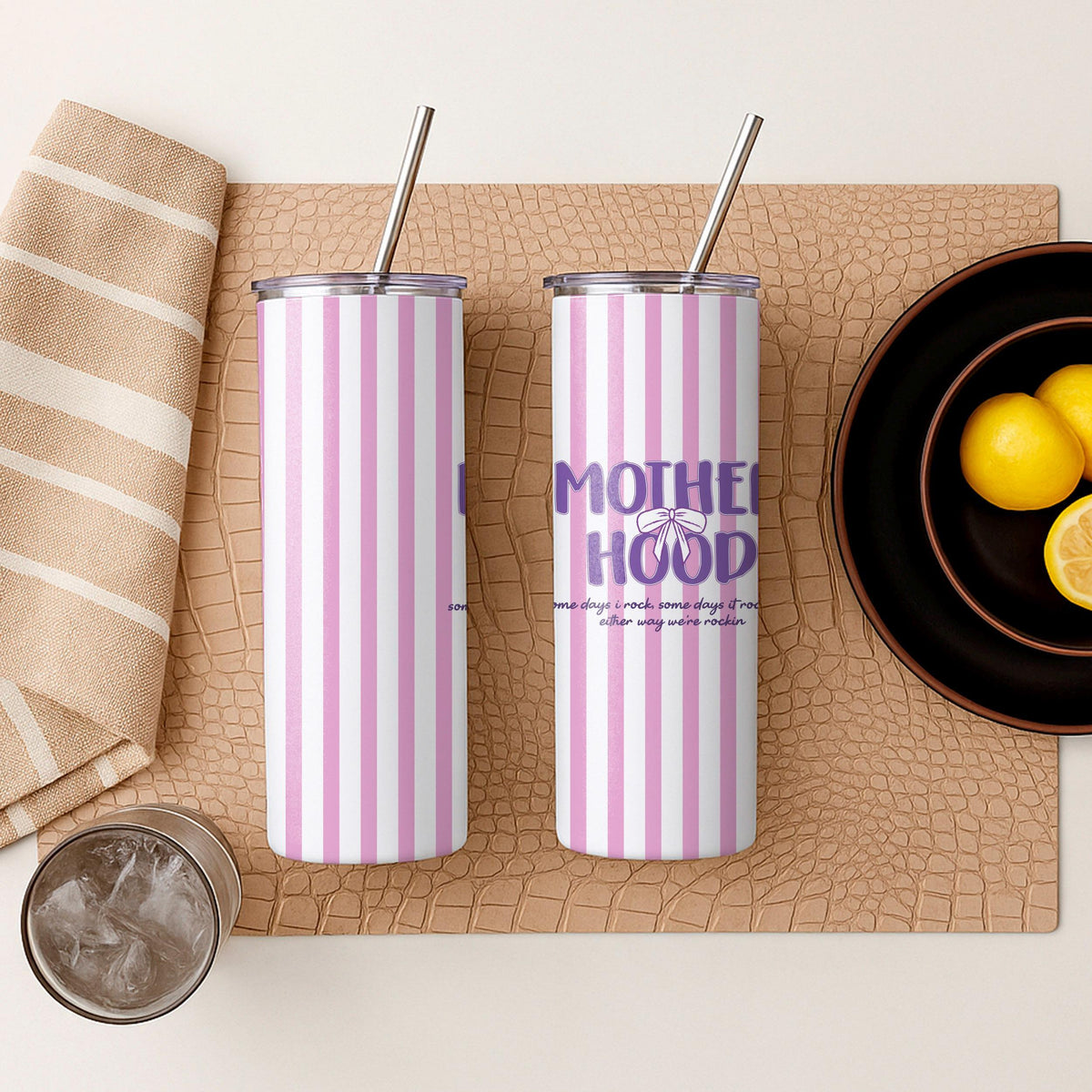 Motherhood Tumbler, Pink Stripes, Insulated Stainless Steel Travel Mug (20oz)