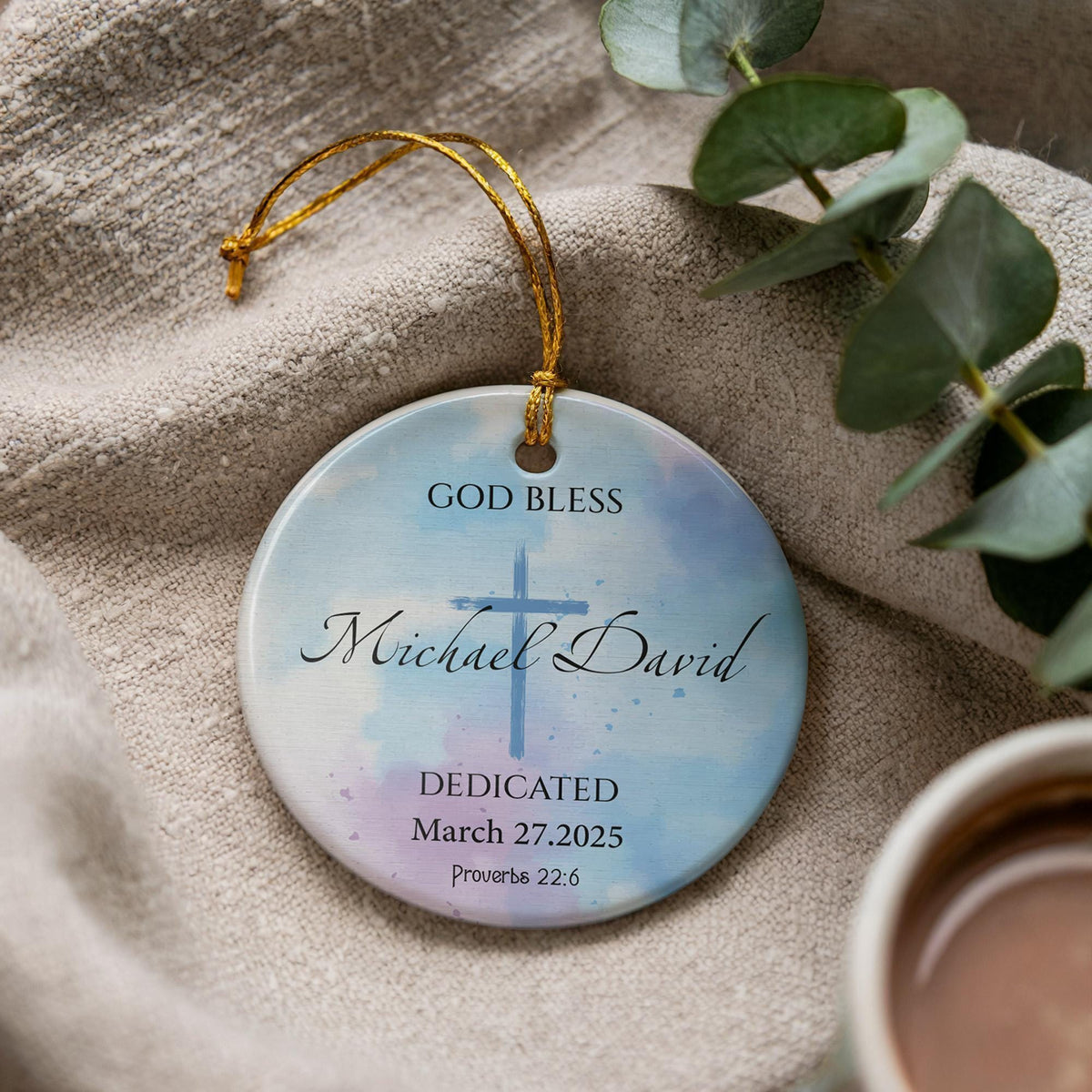 Personalized Ceramic Baptism Ornament, Custom Name Date Keepsake, Cross Dedication Gift
