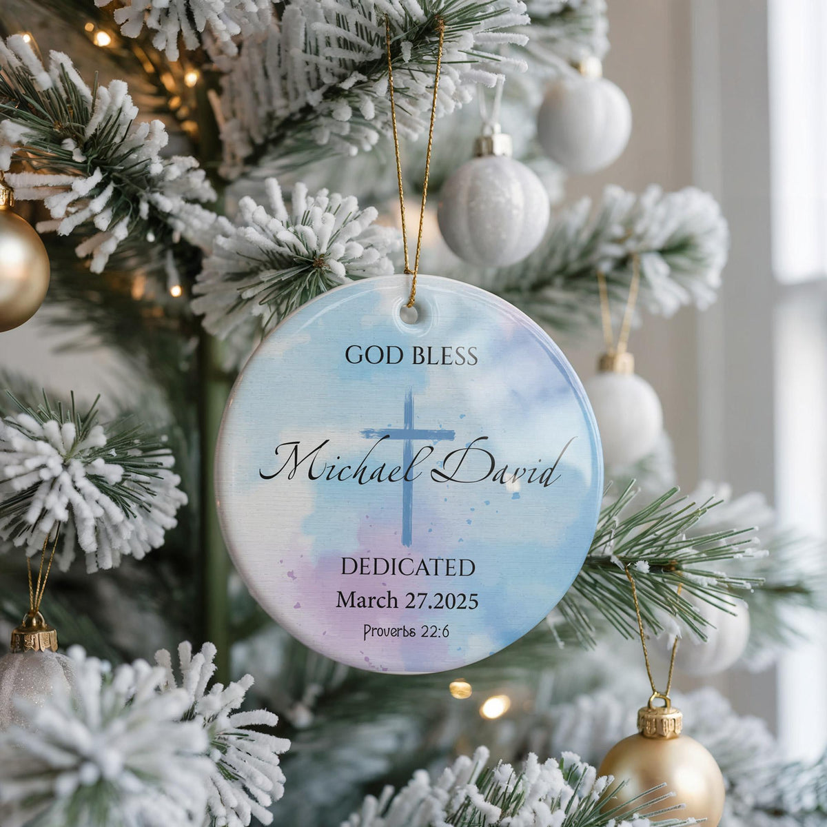 Personalized Ceramic Baptism Ornament, Custom Name Date Keepsake, Cross Dedication Gift