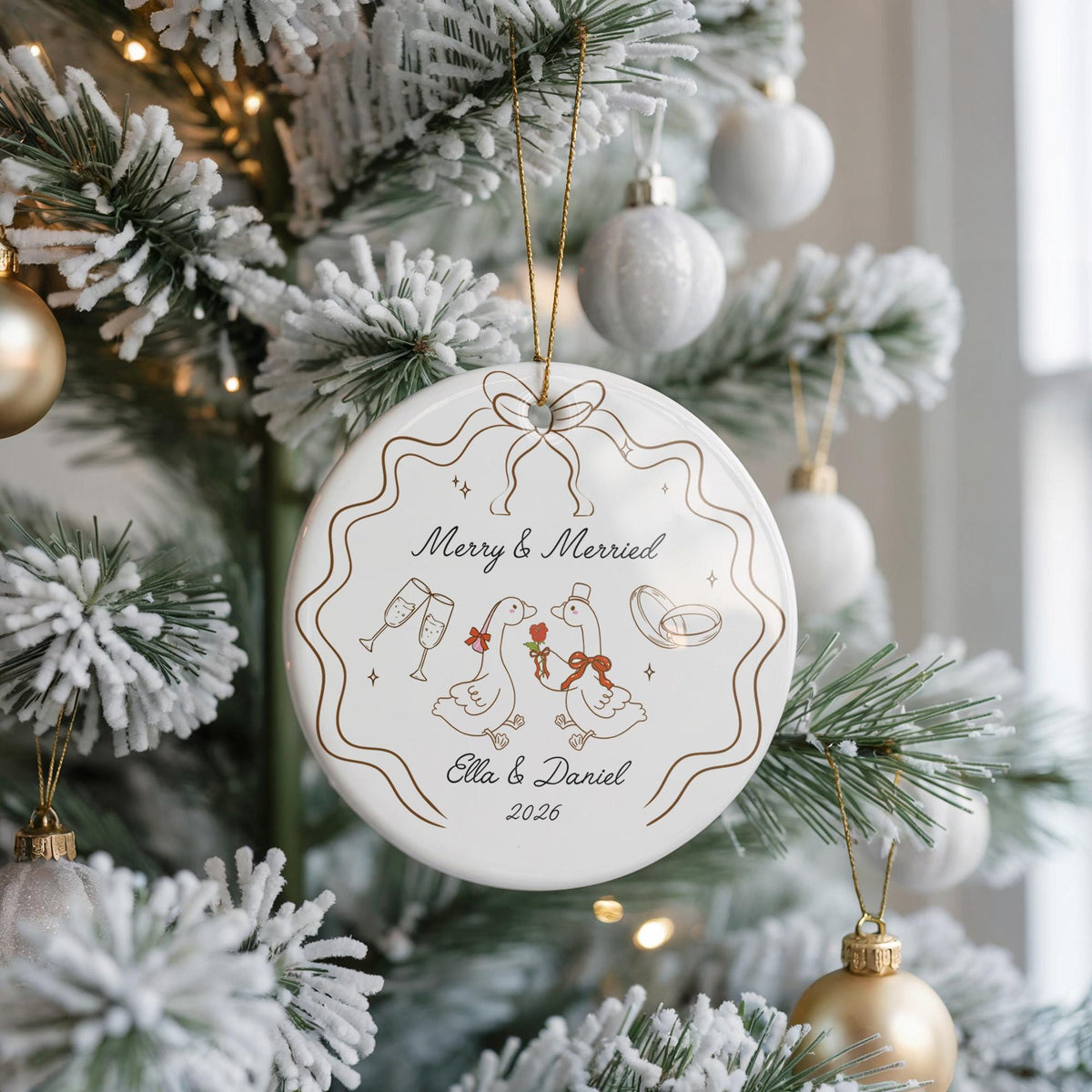 Personalized Ceramic Wedding Ornament, Custom Names Keepsake, Bride Groom Gift