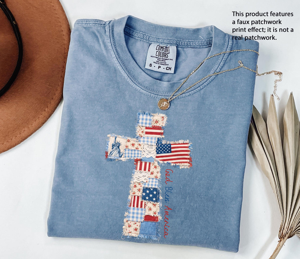 Faux Patchwork American Flag Cross Shirt
