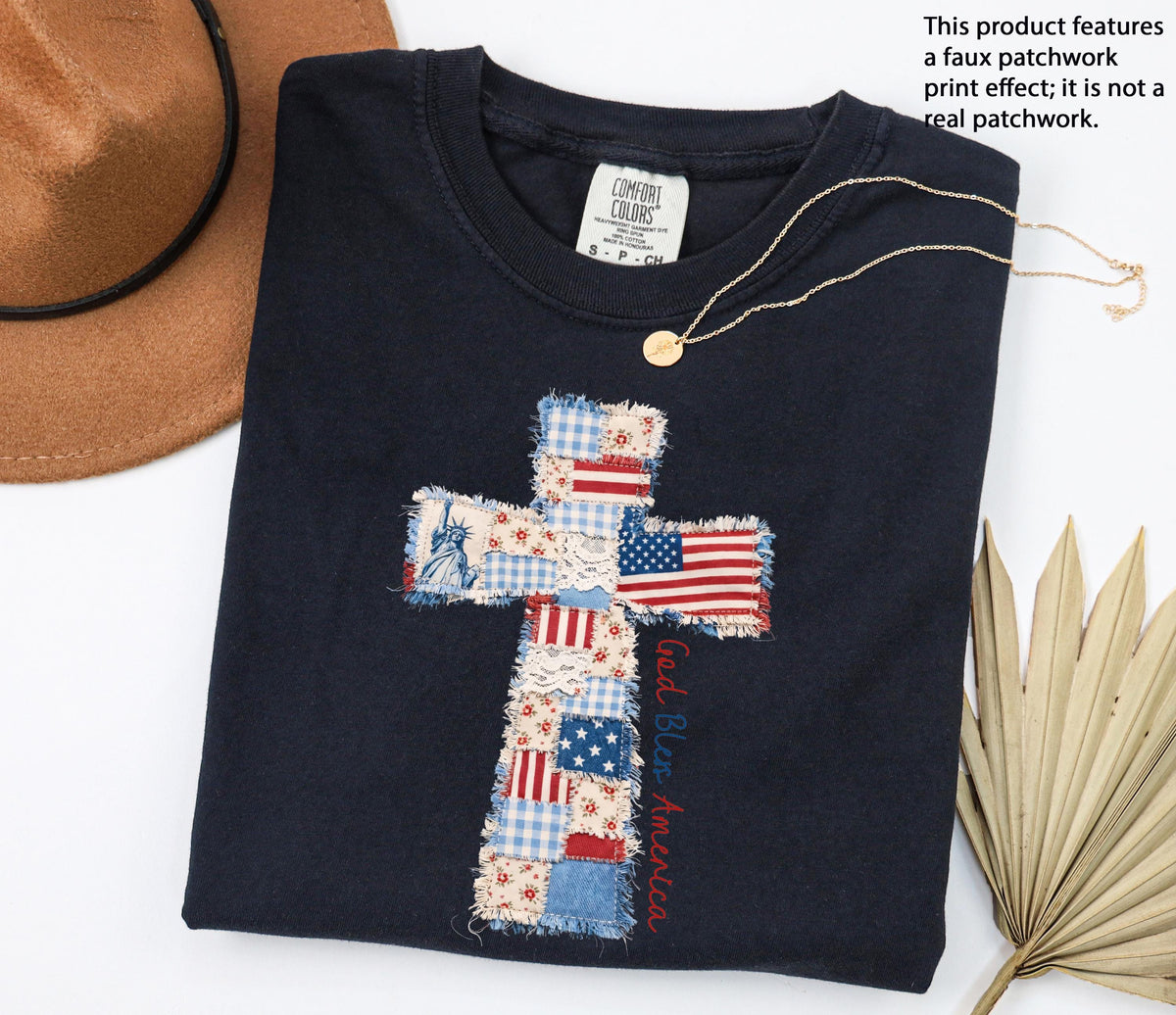 Faux Patchwork American Flag Cross Shirt