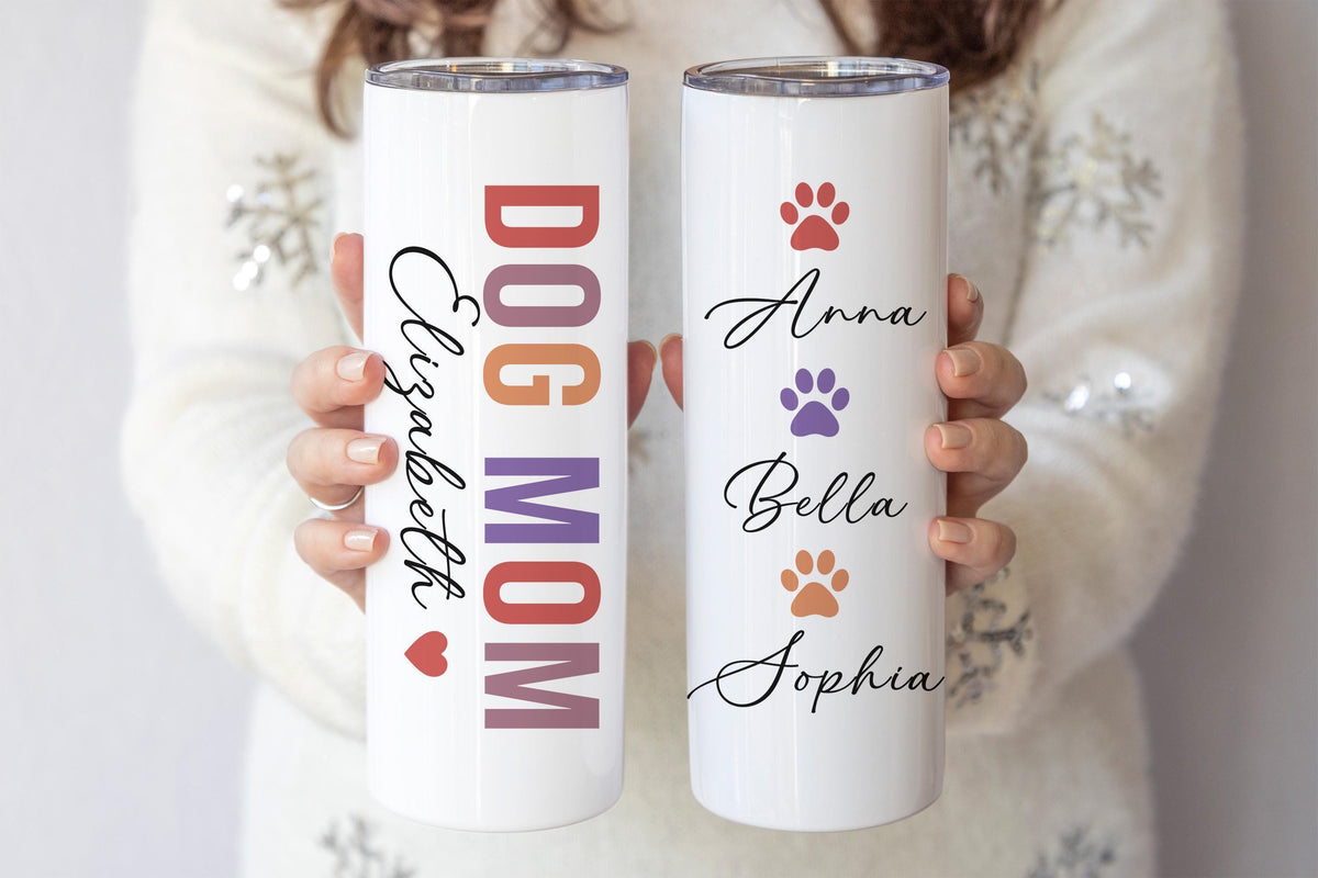 Custom Dog Mom Coffee Cup, Personalized Paw Print Tumbler, Dog Lover Birthday Gift