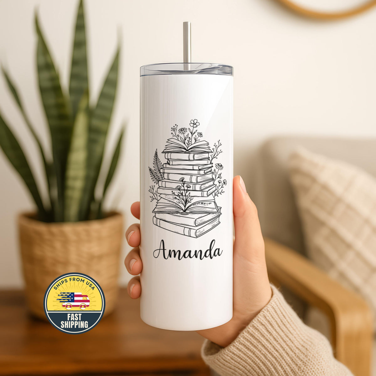 Book Lover Tumbler, Personalized Library Tumbler, Bookshelf Tea Cup, Teacher Appreciation Gift