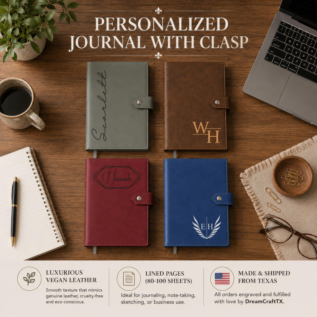 Personalized Vegan Leather Journal, Engraved Floral Notebook