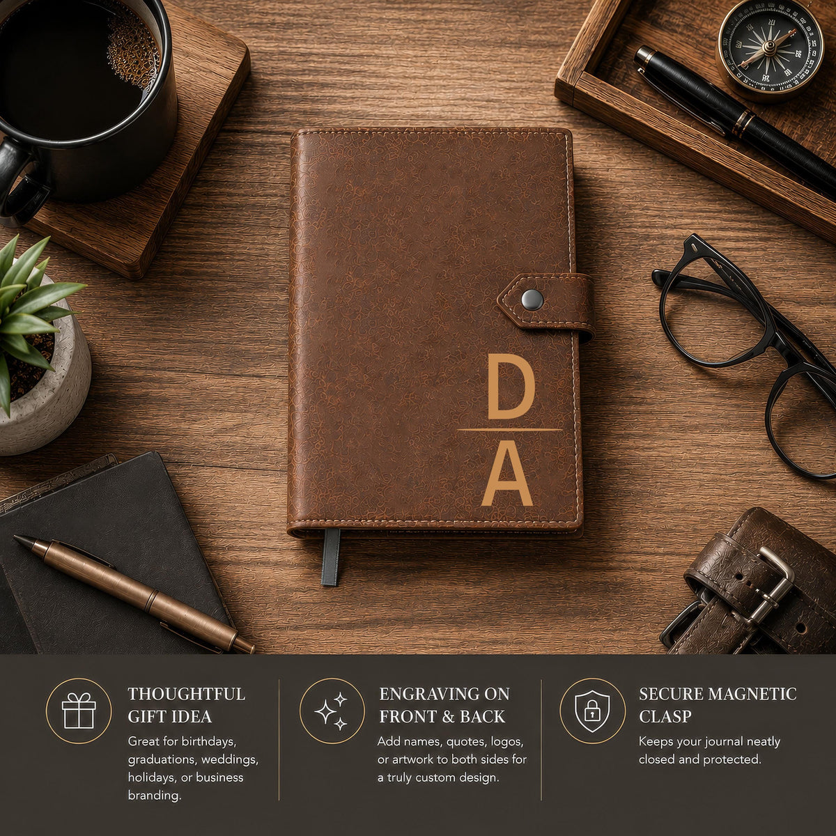 Personalized Vegan Leather Journal, Engraved Floral Notebook