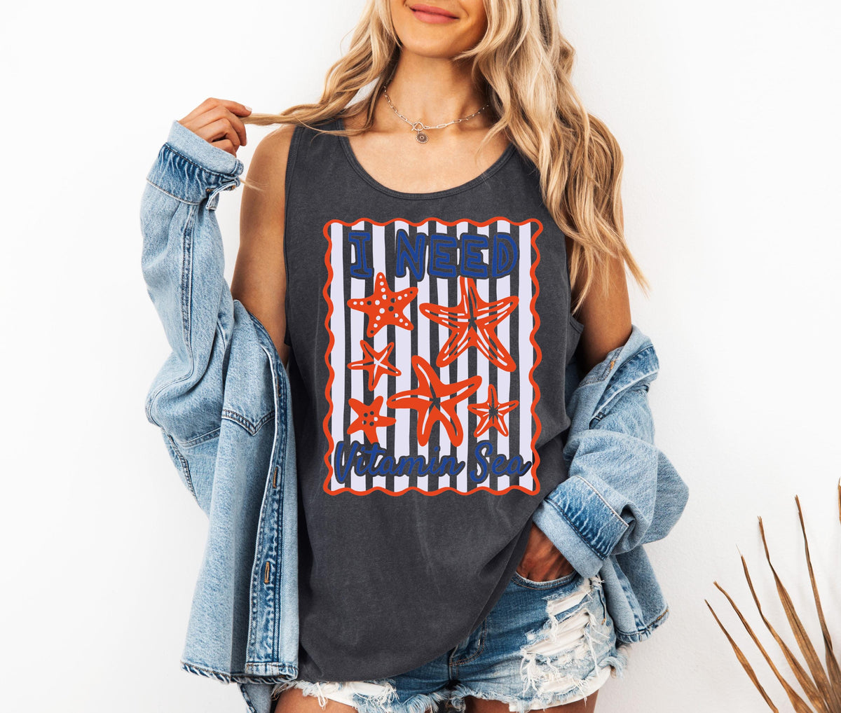 Comfort Colors® I Need Vitamin Sea Tank Top, Girls Summer Beach Tee, Retro Starfish Shirt, Coastal T-Shirt