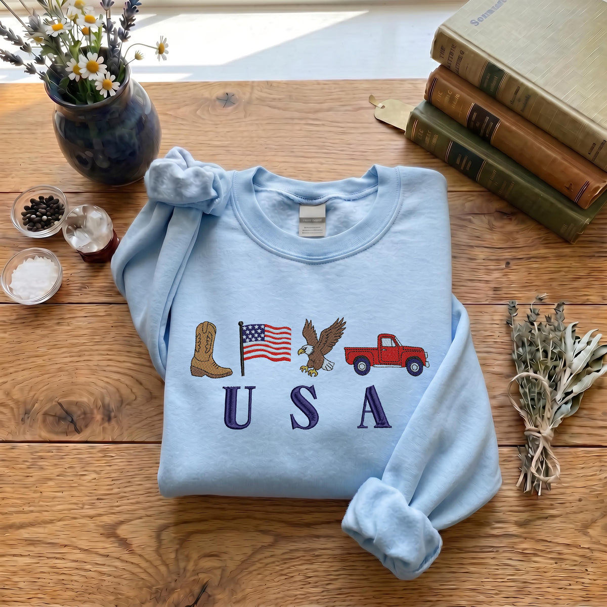 Embroidered USA Icons Sweatshirt, Patriotic 4th of July Embroidery Crewneck, American Flag Sweatshirt