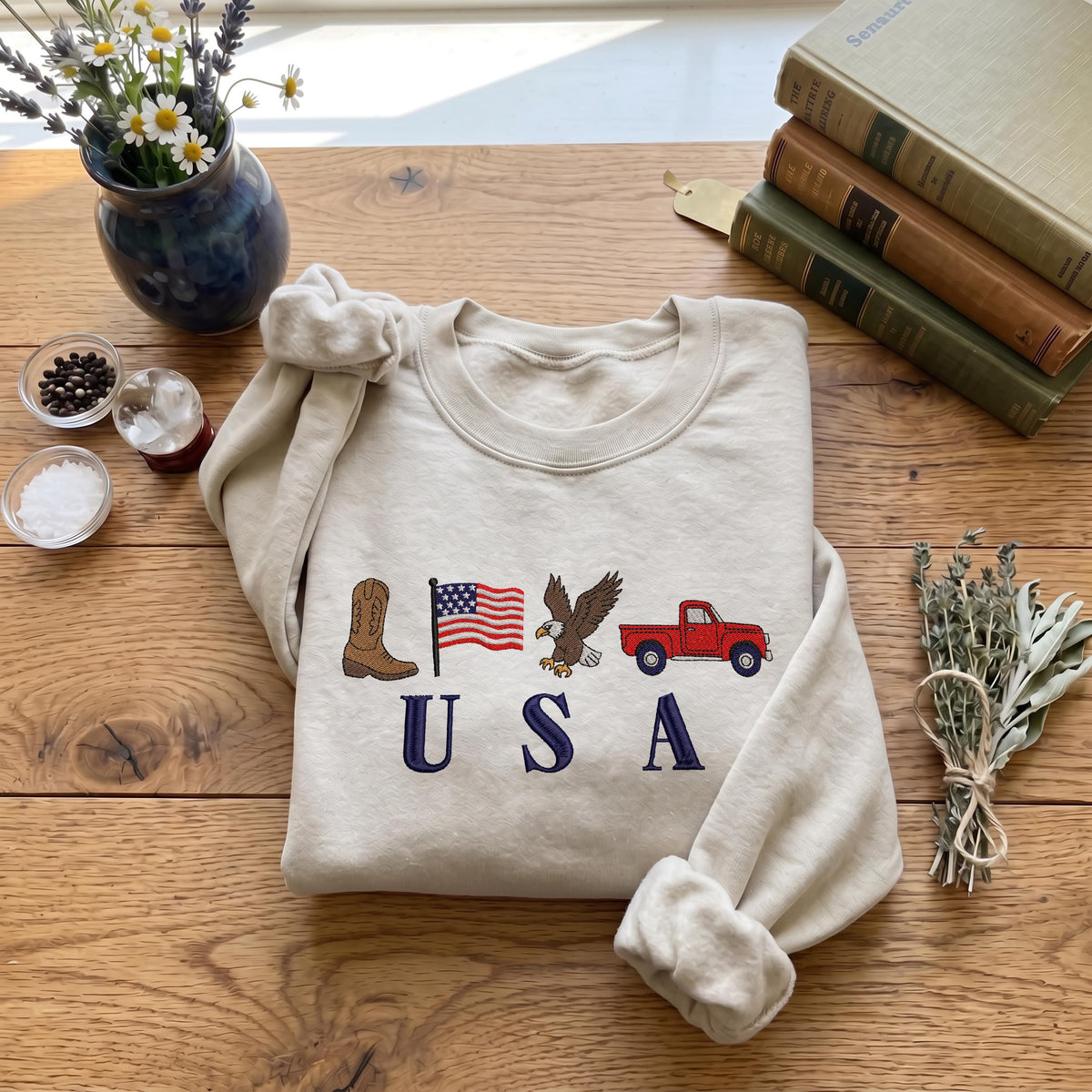 Embroidered USA Icons Sweatshirt, Patriotic 4th of July Embroidery Crewneck, American Flag Sweatshirt