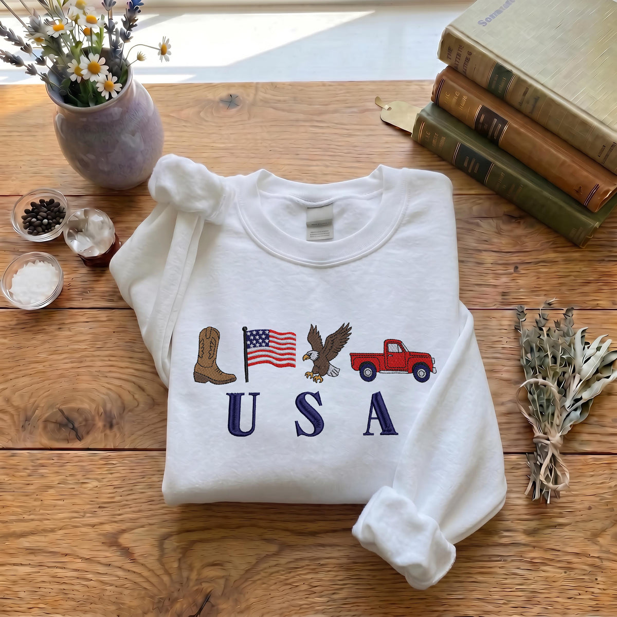 Embroidered USA Icons Sweatshirt, Patriotic 4th of July Embroidery Crewneck, American Flag Sweatshirt