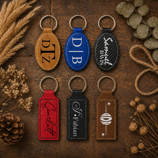 Custom Engraved Vegan Leather Keychain, Rectangle or Oval Key Tag