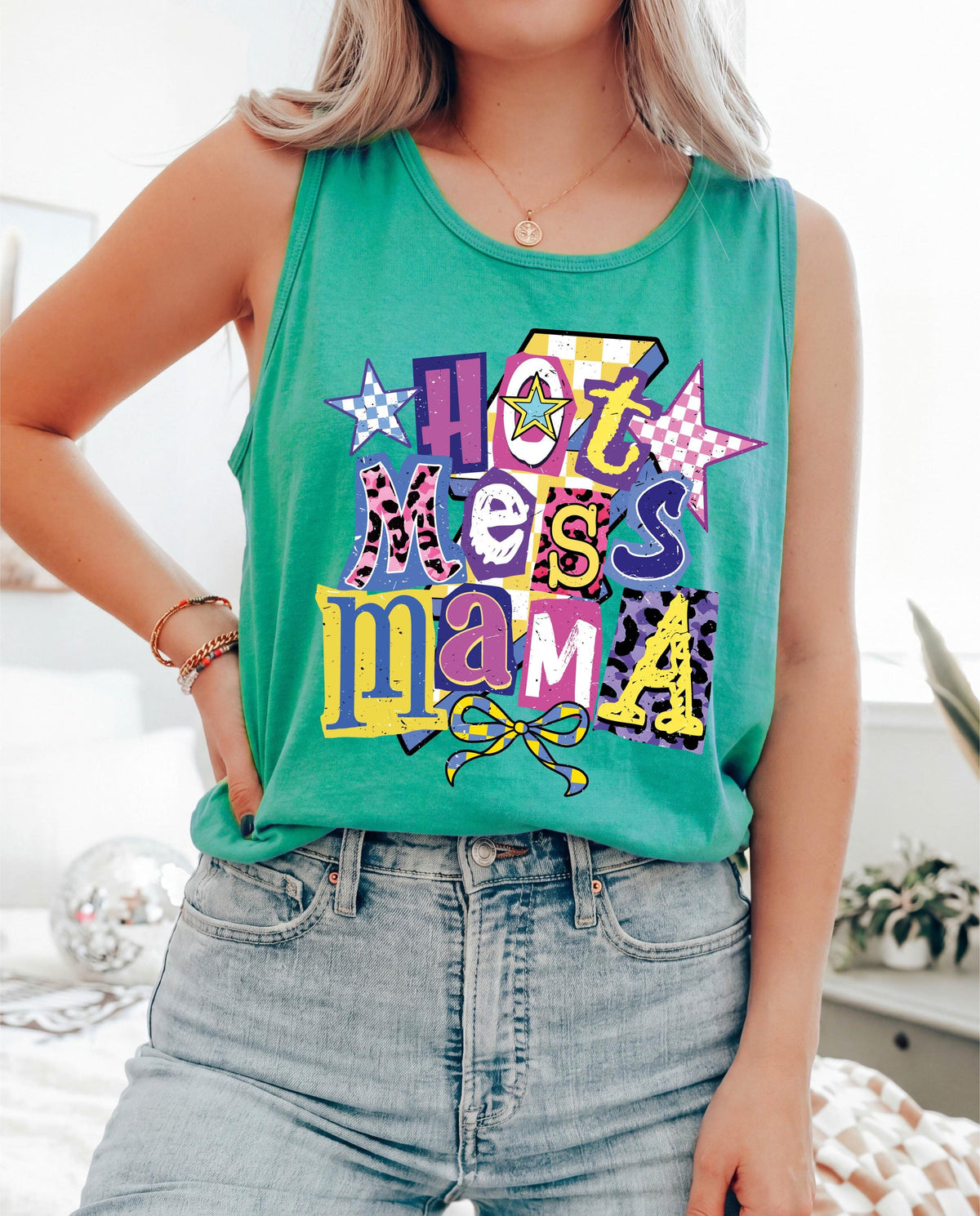 Retro Mama Tank Top, Comfort Colors® Messy Mom Tee, Mother Summer Gift, Mama Beach Vacation Tops