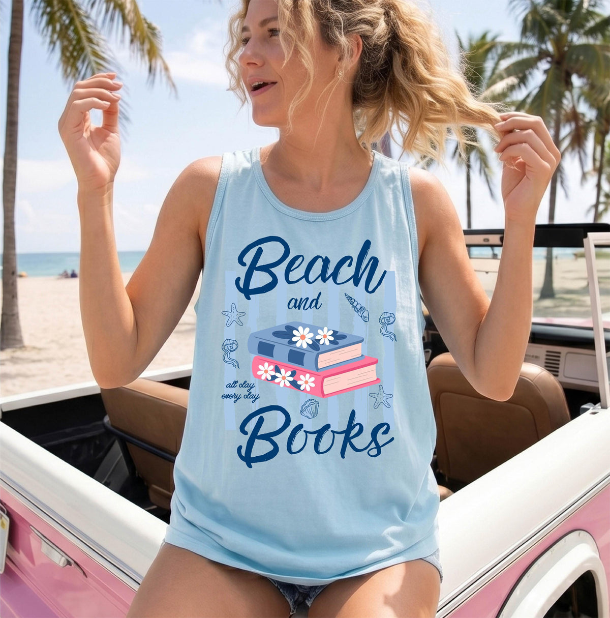 Beach And Books Tank Top, Comfort Colors® Summer Reading Tops, Bookish Tee, Coastal Book Lover Gift