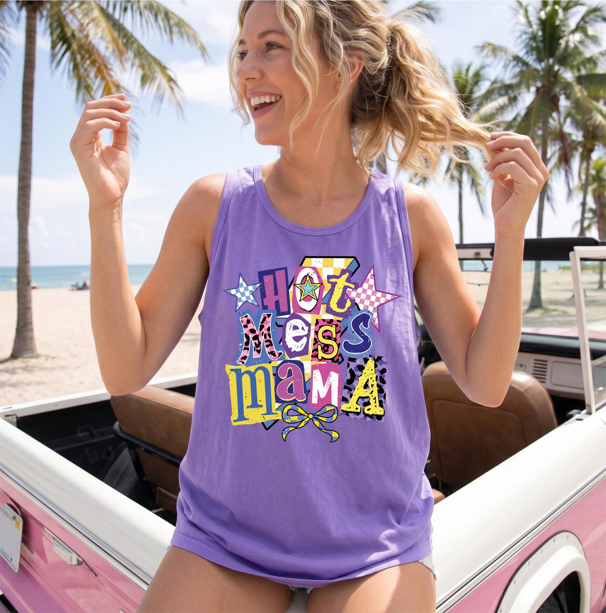 Retro Mama Tank Top, Comfort Colors® Messy Mom Tee, Mother Summer Gift, Mama Beach Vacation Tops