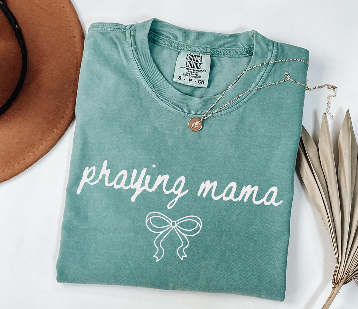 Comfort Colors® Praying Mama T-Shirt, Coquette Bow Faith Based Shirt, Christian Women Tee