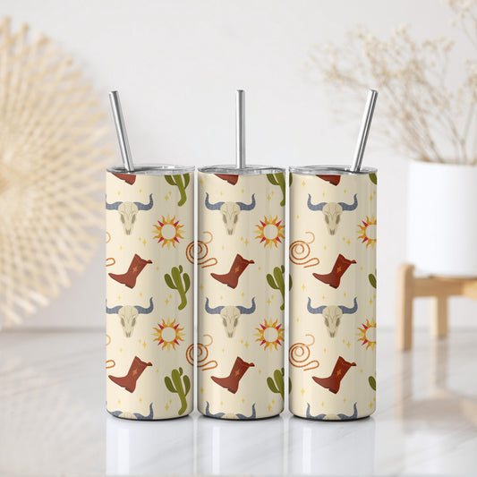 Western Cowboy Coffee Tumbler, Boots and Bull Skulls Design Insulated Cup